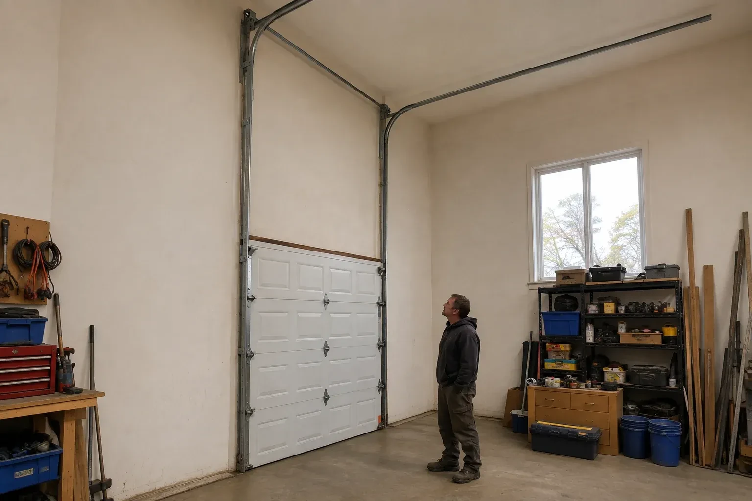 Vertical tracks extend above a closed garage door before curving near a high ceiling, while a person looks upward. — High-Lift Garage Door Conversion, Mississauga