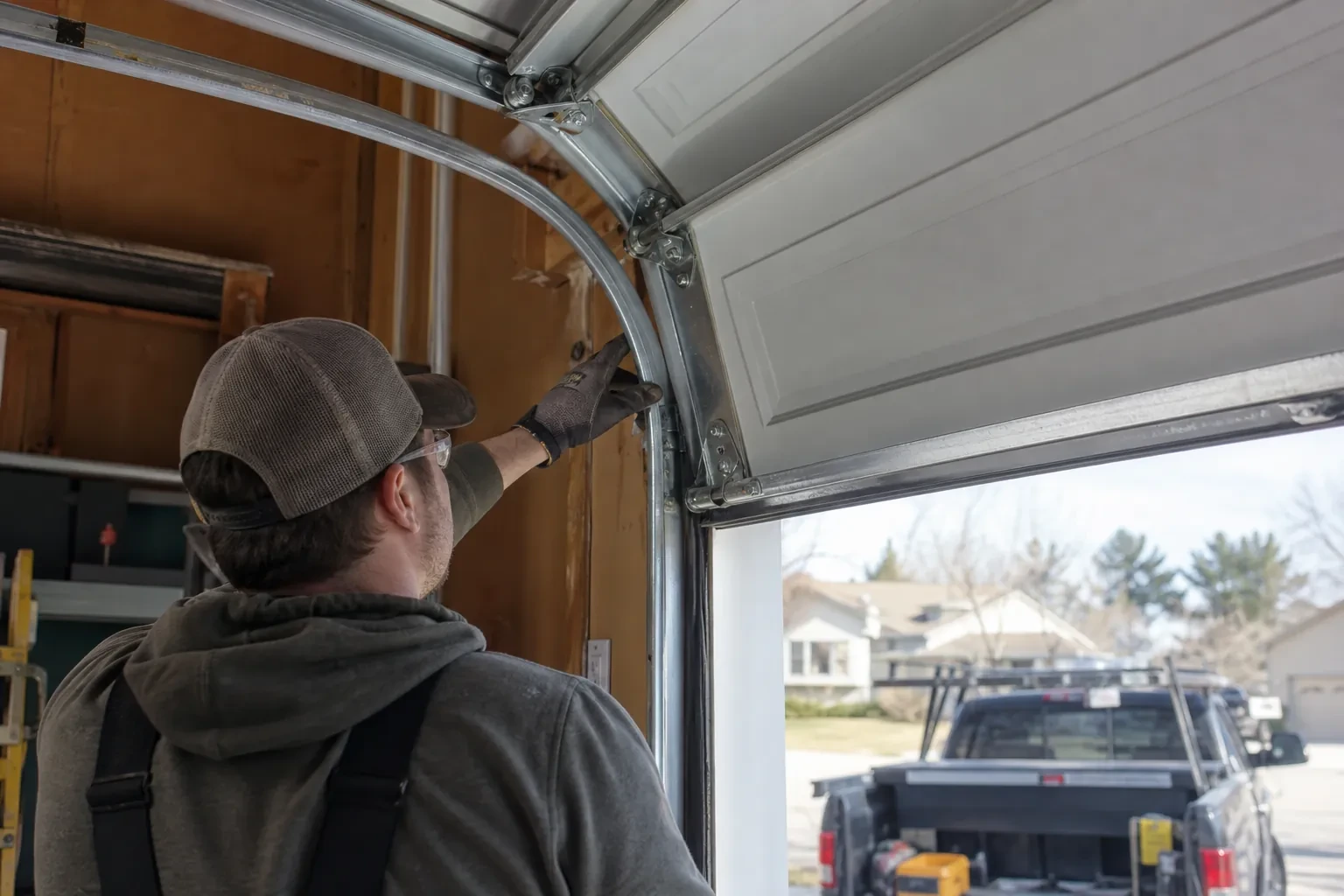 Technician in a mesh cap reaching a gloved hand to the curved door track beside a raised panel, with a pickup outside.