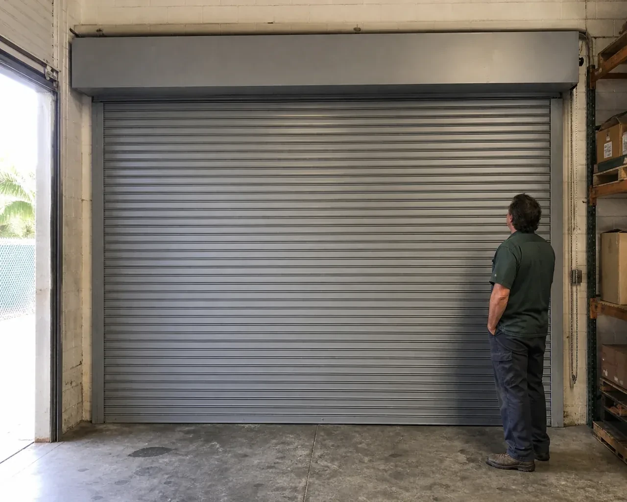 A person examines a closed metal rolling door with narrow horizontal slats, side guides and an overhead hood in a warehouse. — Commercial Rolling Door Repair, Mississauga