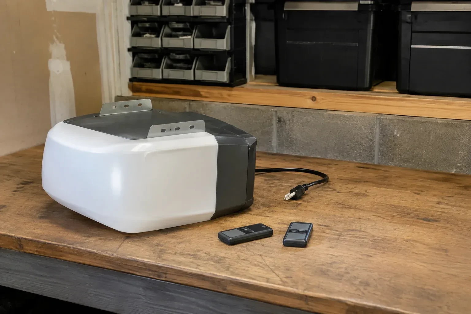Detached opener housing and two remotes on a garage bench. — Garage Door Opener Replacement, Mississauga
