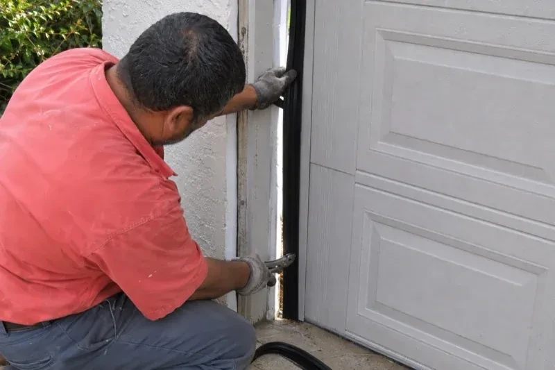 Gloved person holding a black strip along the side of a sectional garage-door opening — Garage Door Perimeter Weatherstrip, Mississauga