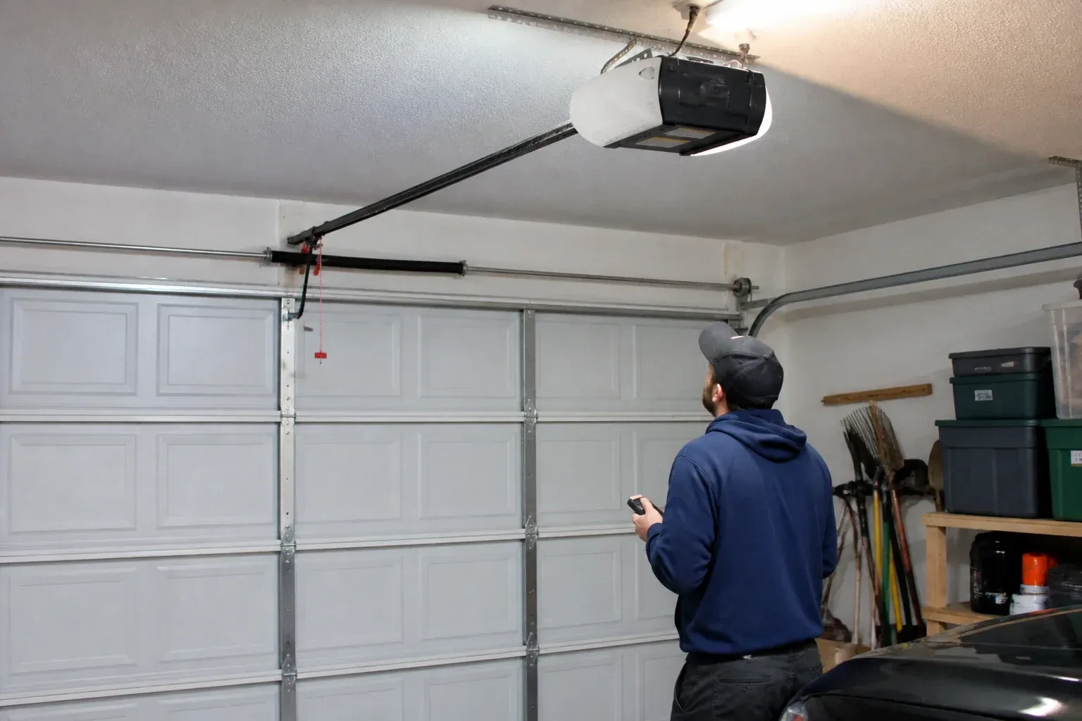 A person holding a remote looks toward an overhead garage-door opener and rail. — Garage Door Opener Diagnosis and Repair, Mississauga