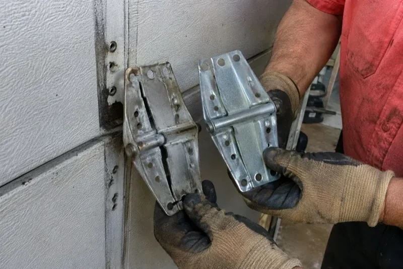 Gloved hands holding two metal garage-door hinges side by side, one discolored with a visible crack and the other bright silver. — Garage Door Hinge Replacement, Mississauga