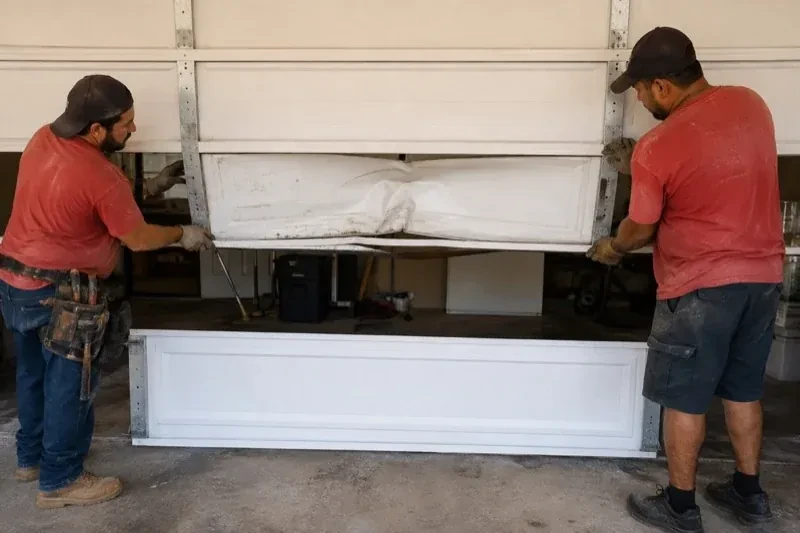 Two people holding a dented lower garage-door section above a separate white panel resting on the ground. — Garage Door Panel Replacement, Mississauga
