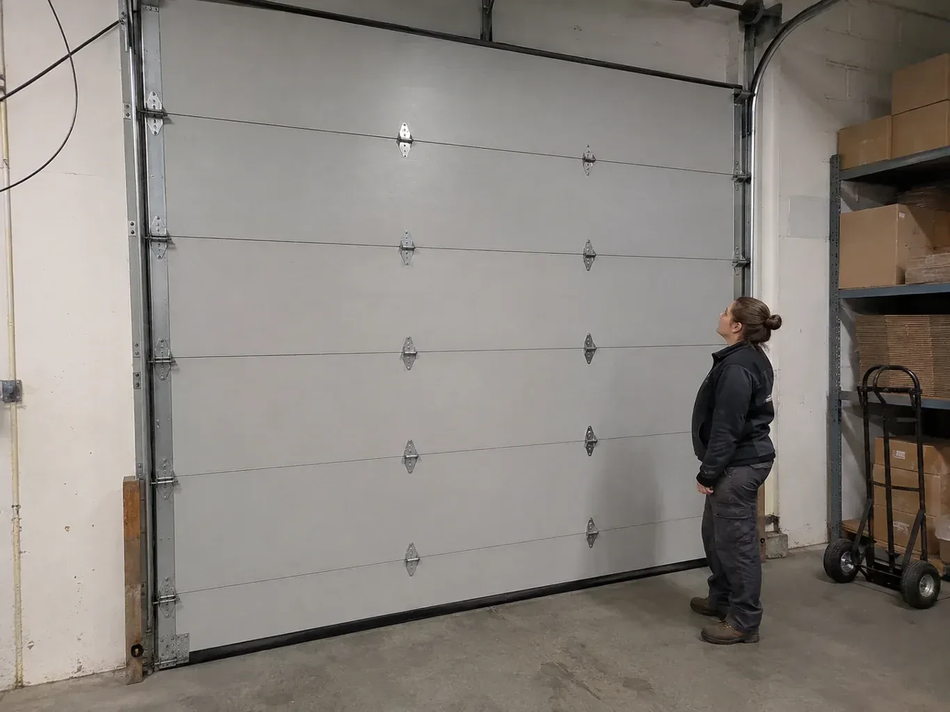 A person looks at a tall closed sectional door with broad panels, hinges and side tracks in a warehouse. — Commercial Sectional Door Repair, Mississauga