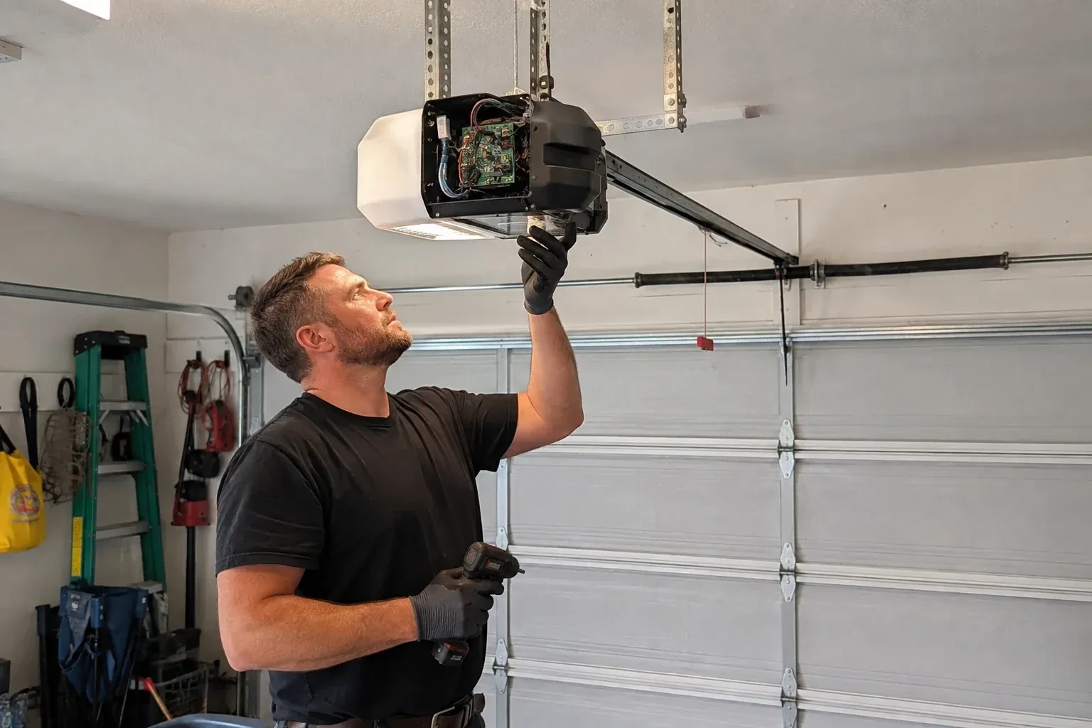 Gloved technician holding a drill and reaching up to an opener housing opened to show a green circuit board. — Belt-Drive Opener Repair, Mississauga