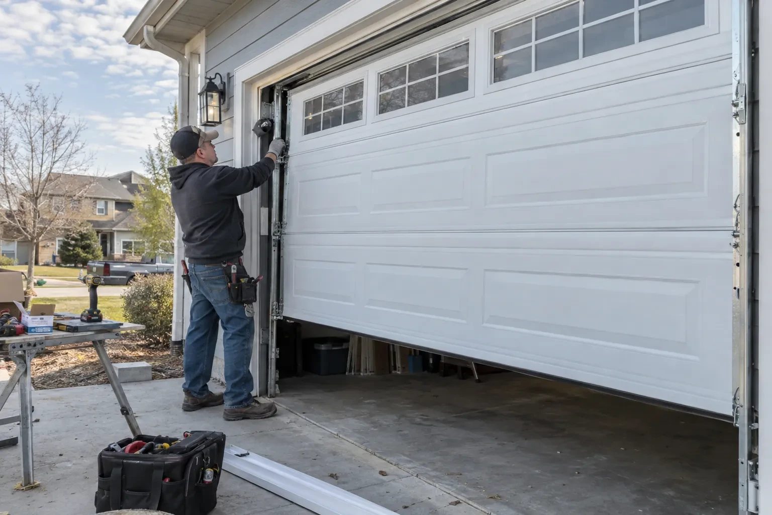 Technician reaching to the side track of a partly raised white garage door with small windows, a tool bag on the driveway.