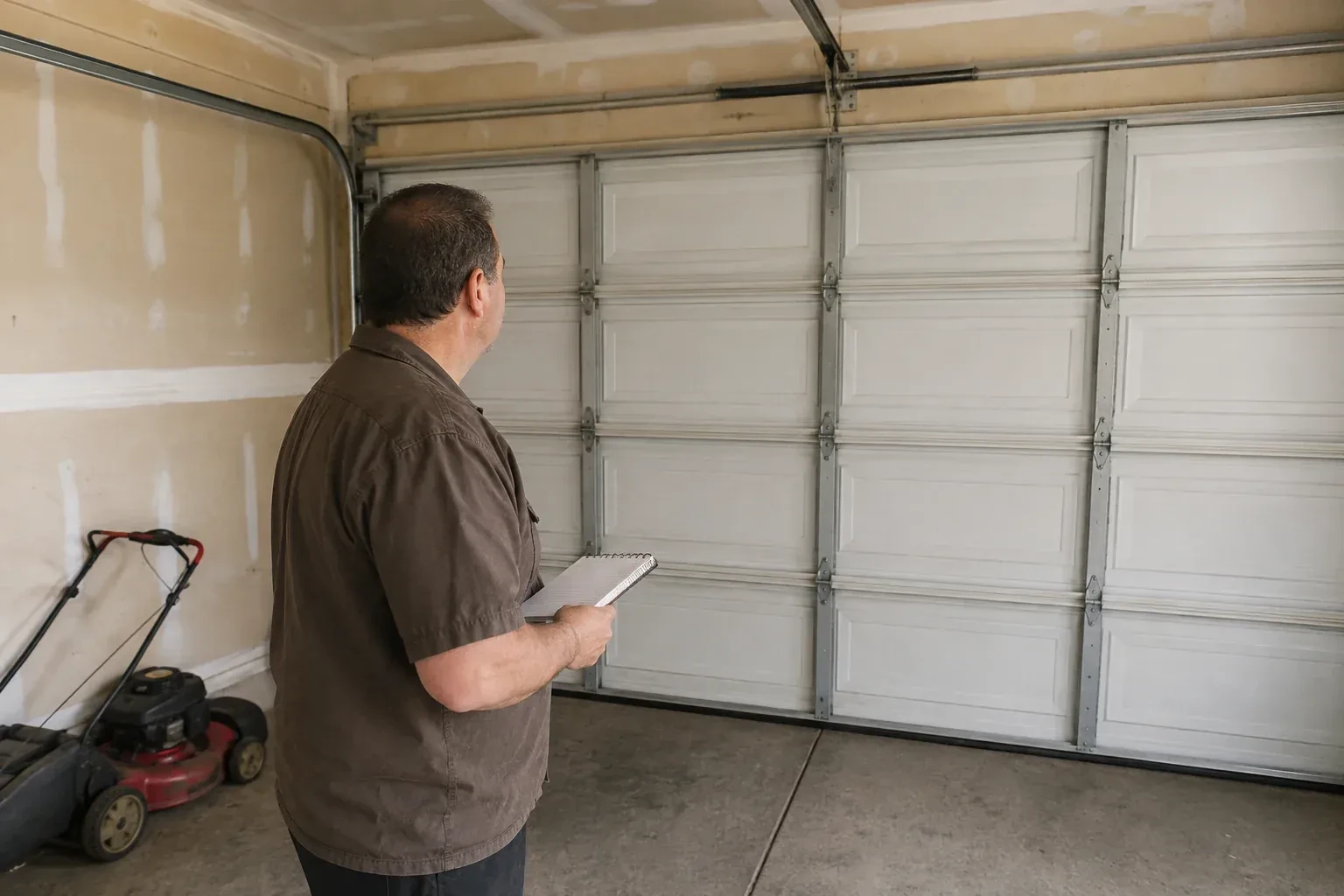 Technician holding a notebook while looking at a closed sectional door. — Garage Door Balance Adjustment, Mississauga