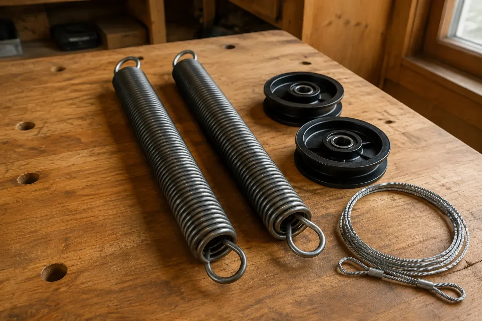 Two coiled extension springs with looped ends, two black pulleys and a loop of steel cable on a worn wooden workbench. — Extension Spring Replacement, Mississauga